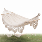 Hamaca de Lona con Flecos para Camping Doble al Aire Libre de 200x150cm con Poste (Blanco)