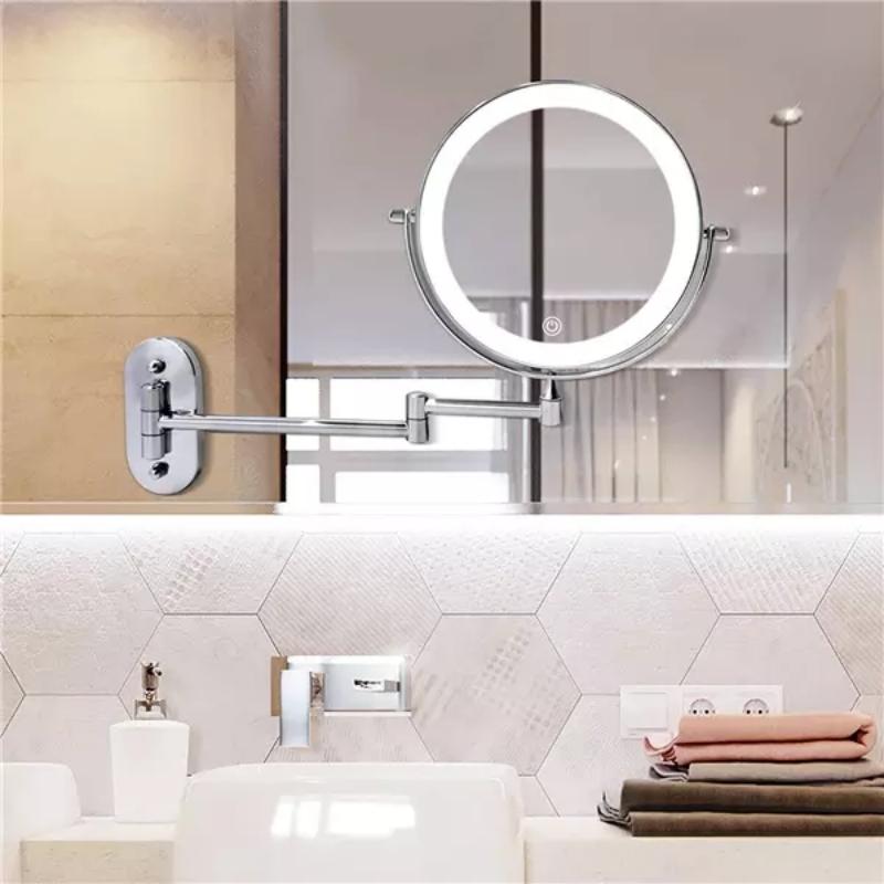 Espejo de Maquillaje LED con Aumento y Soporte de Pared – Recargable en Cromo Plata