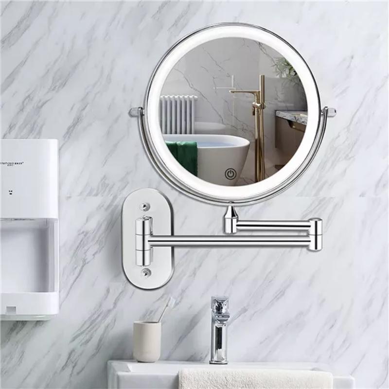 Espejo de Maquillaje LED con Aumento y Soporte de Pared – Recargable en Cromo Plata