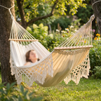 Hamaca de Lona con Flecos para Camping Doble al Aire Libre de 200x150cm con Poste (Blanco)