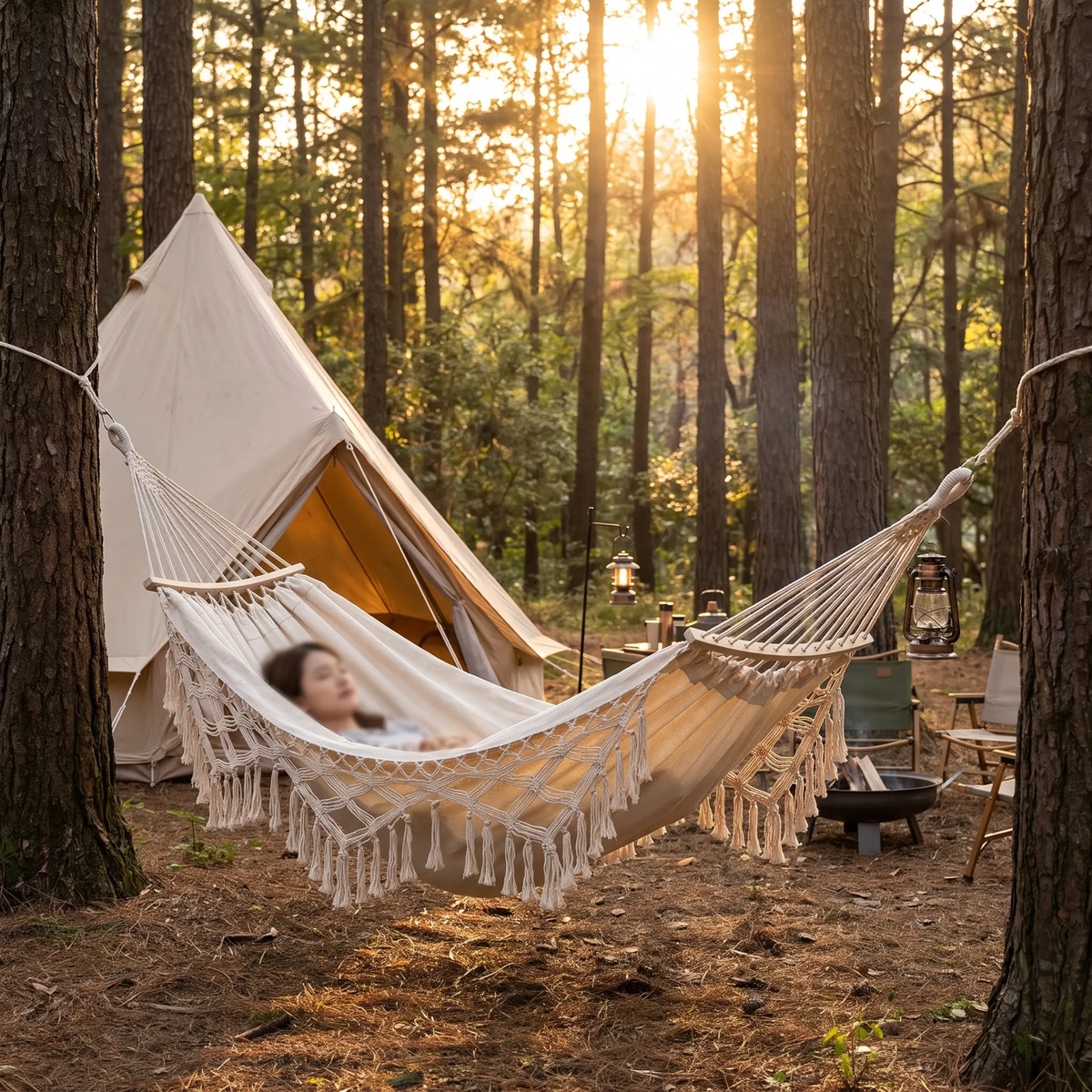 Hamaca de Lona con Flecos para Camping Doble al Aire Libre de 200x150cm con Poste (Blanco)