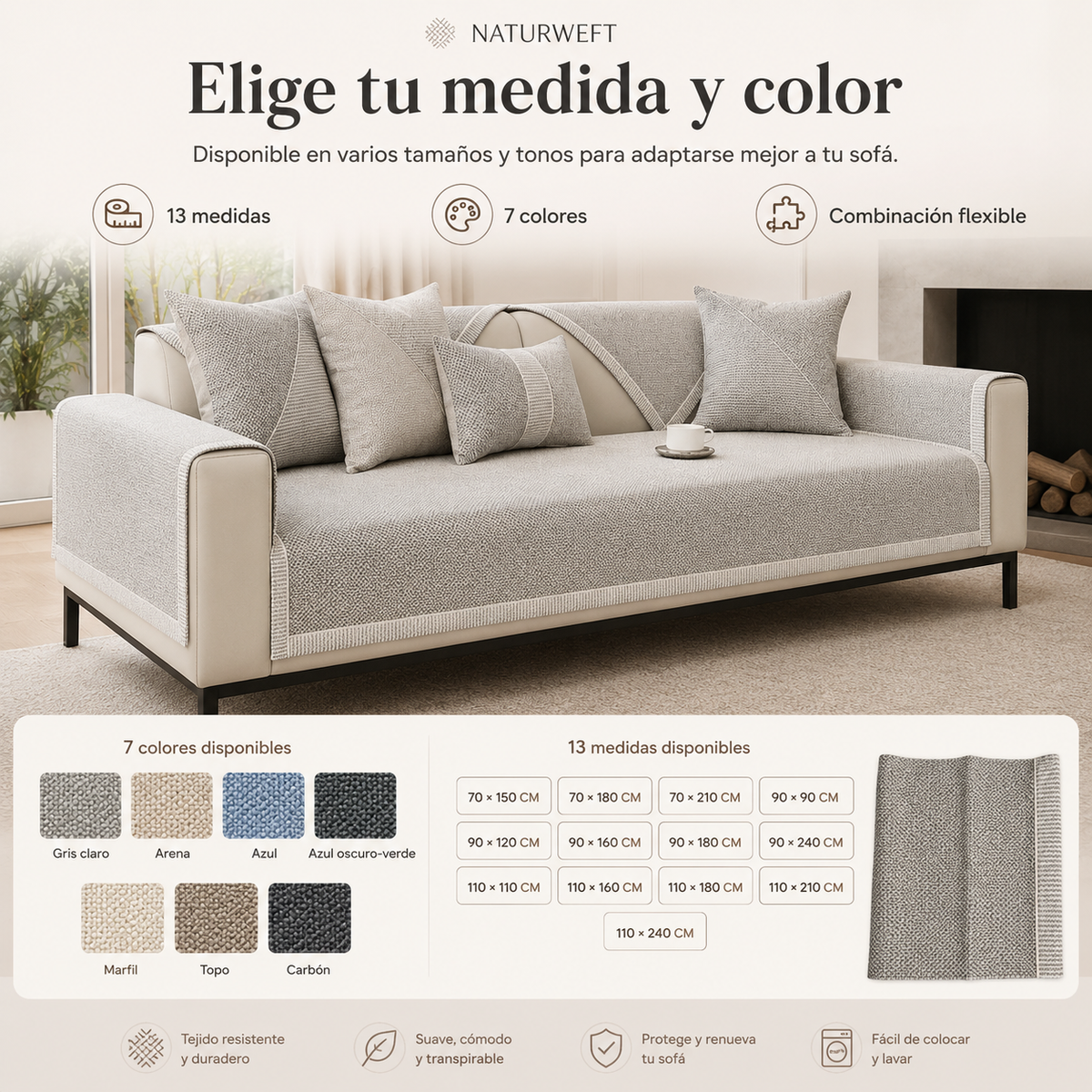 NATURWEFT – Funda de sofá antideslizante de algodón-lino para todas las estaciones