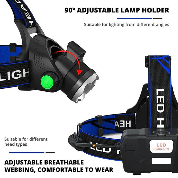 Linterna Frontal LED Recargable de 300LM, Linterna Táctica Zoomable