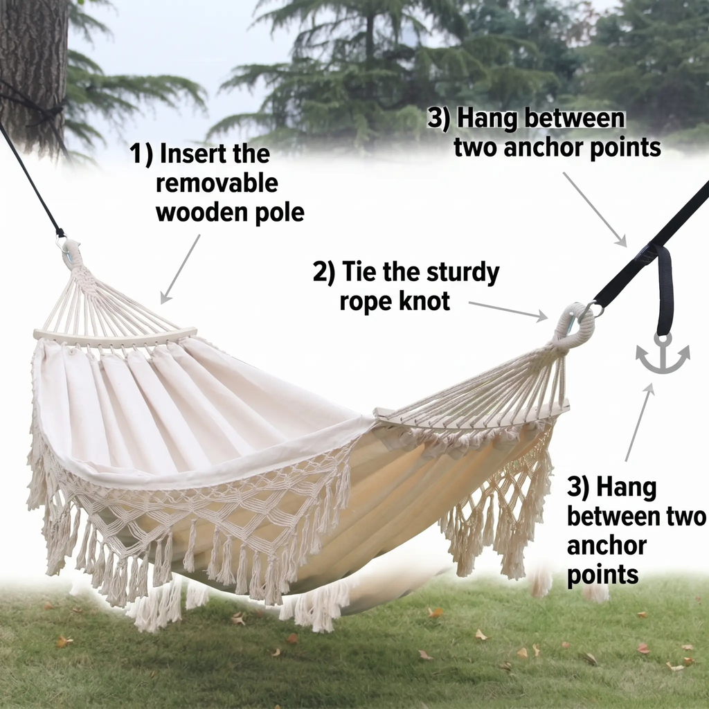 Hamaca de Lona con Flecos para Camping Doble al Aire Libre de 200x150cm con Poste (Blanco)