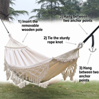 Hamaca de Lona con Flecos para Camping Doble al Aire Libre de 200x150cm con Poste (Blanco)