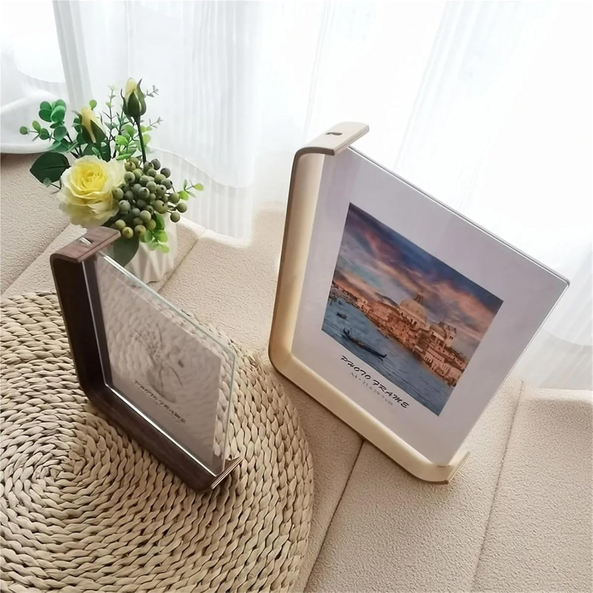 FOTODUO – Marco de fotos de acrílico y madera con vista doble para decoración moderna de mesa