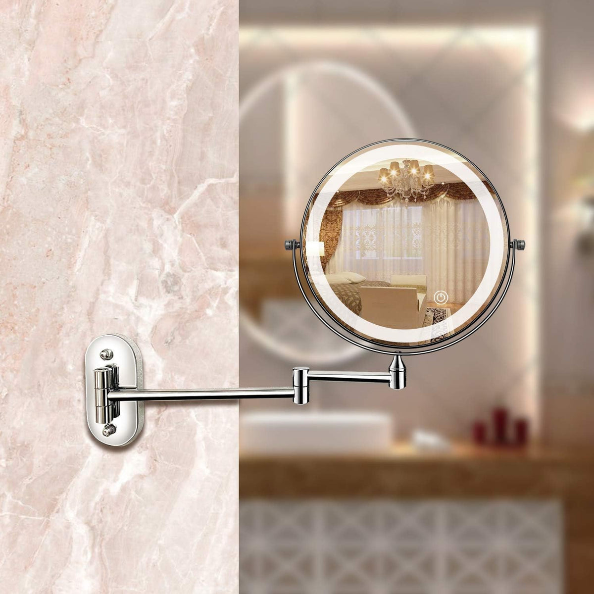 Espejo de Maquillaje LED con Aumento y Soporte de Pared – Recargable en Cromo Plata