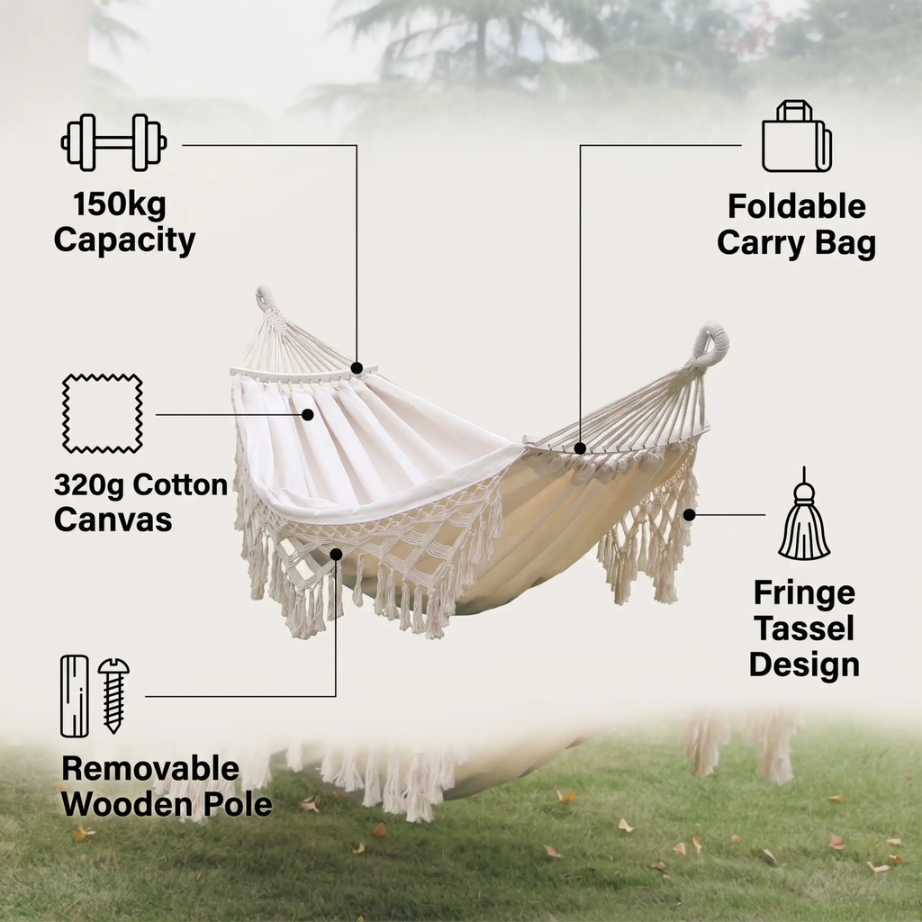 Hamaca de Lona con Flecos para Camping Doble al Aire Libre de 200x150cm con Poste (Blanco)