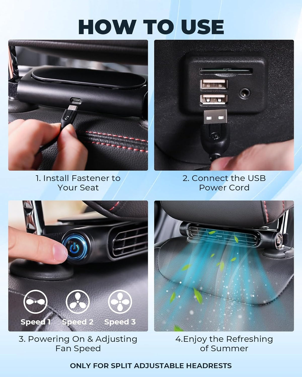 Ventilador de enfriamiento para automóvil USB de 3 velocidades y soporte para reposacabezas – AutoBreeze (1+1 GRATIS)