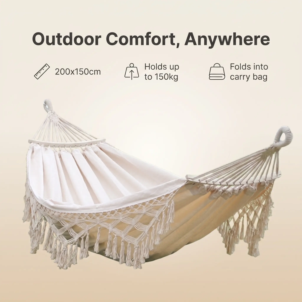 Hamaca de Lona con Flecos para Camping Doble al Aire Libre de 200x150cm con Poste (Blanco)