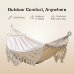 Hamaca de Lona con Flecos para Camping Doble al Aire Libre de 200x150cm con Poste (Blanco)
