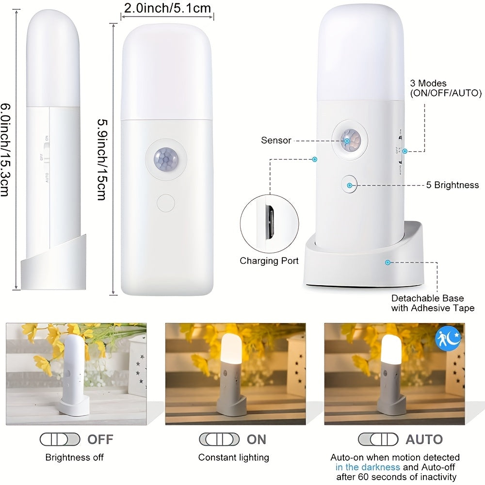 Lámpara Nocturna LED con Sensor de Movimiento – Recargable por USB y Brillo Ajustable para Dormitorios y Pasillos