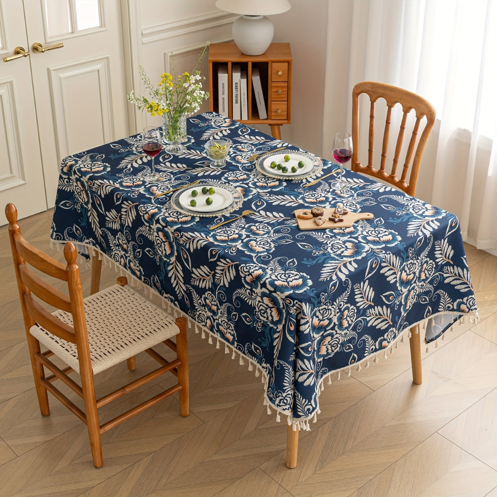 Mantel Floral Boho con Borlas de Flor Pavo Real
