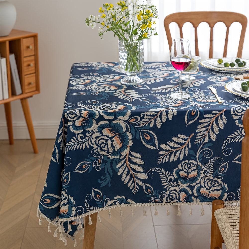 Mantel Floral Boho con Borlas de Flor Pavo Real