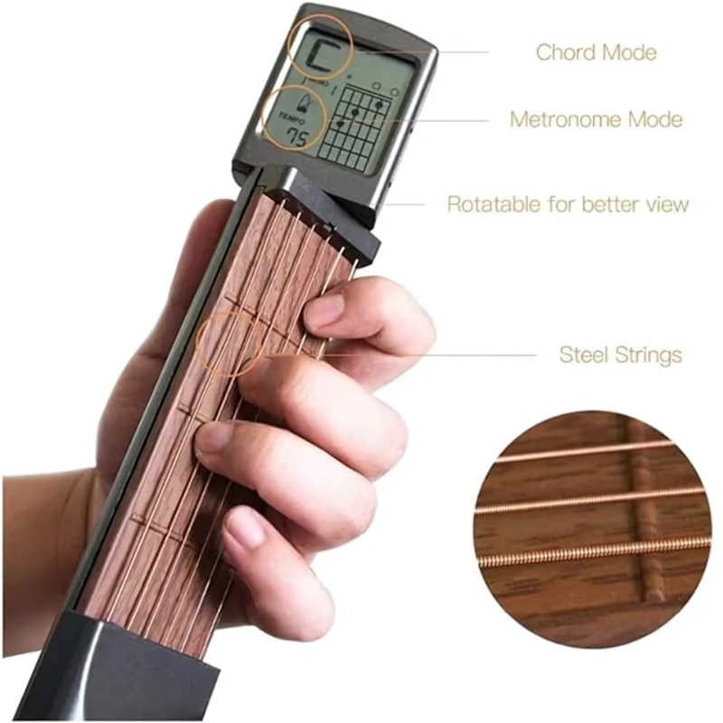 Entrenador de Guitarra de Bolsillo | Cuerdas de Acero Real, Tensión Ajustable y 400+ Acordes para Principiantes y Práctica en Movimiento
