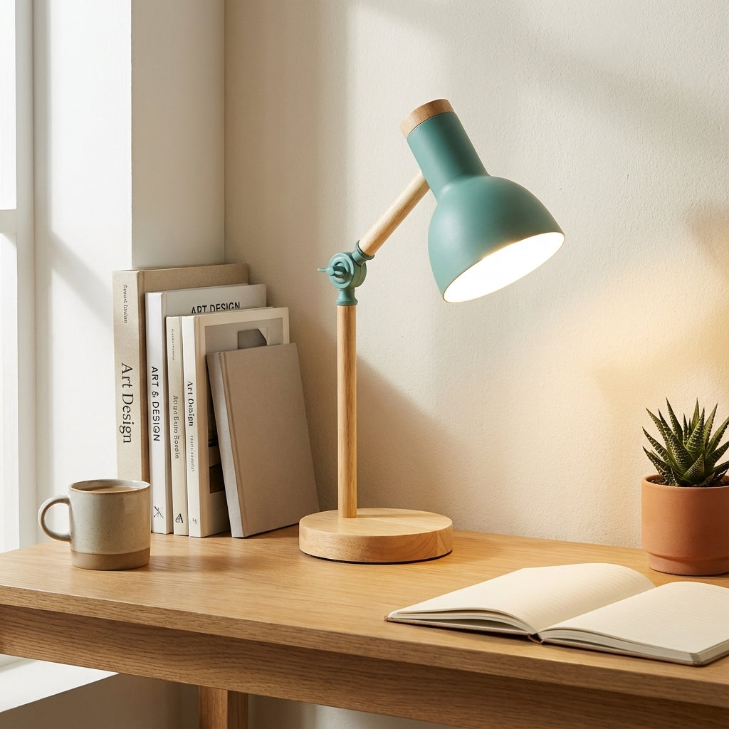 Lámpara de Mesa de Madera Articulada  Luz de Lectura Ajustable Moderna