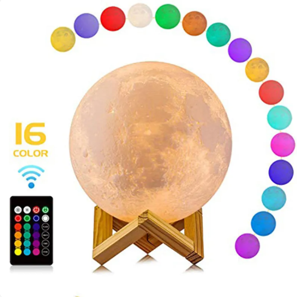 Lámpara LED Luna Luz Nocturna Recargable Sin Cable, 16 Colores y Control Remoto