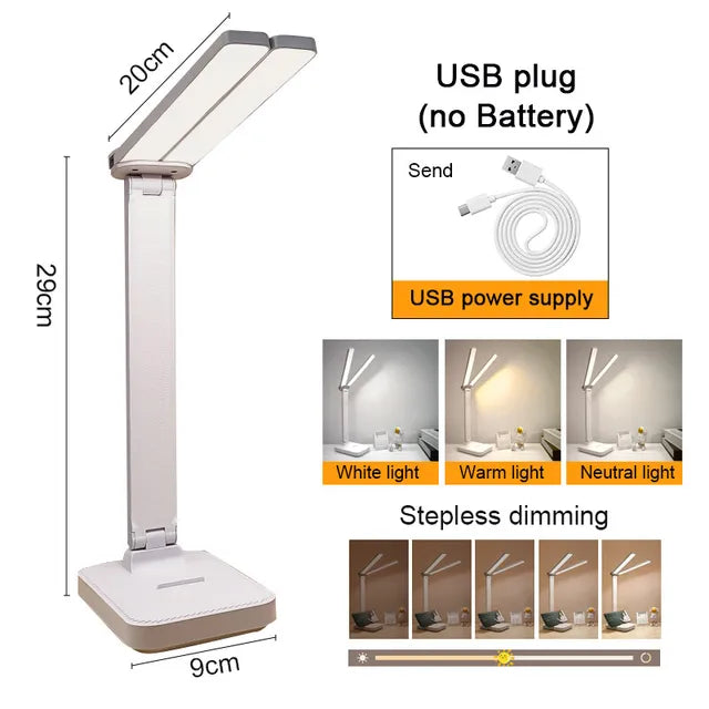 Lámpara de escritorio LED regulable plegable, doble cara, USB/batería