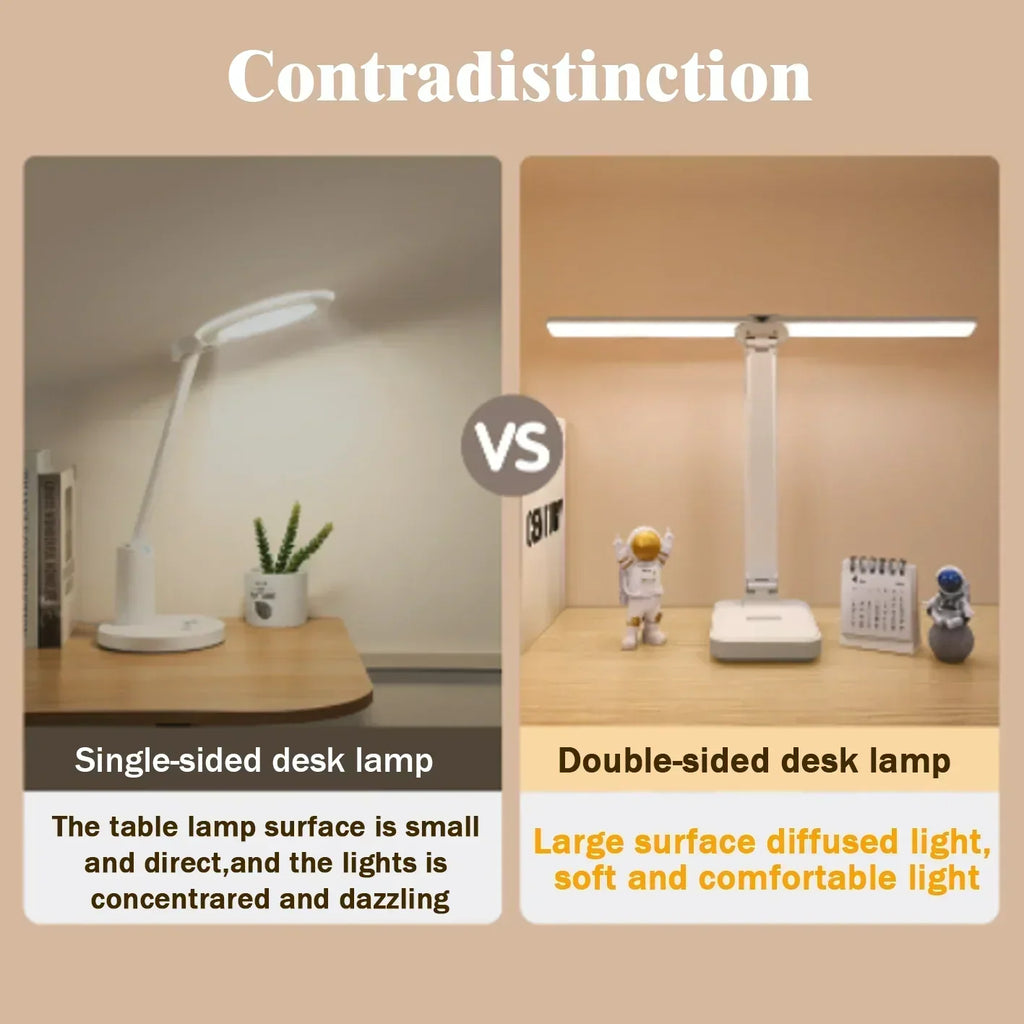 Lámpara de escritorio LED regulable plegable, doble cara, USB/batería