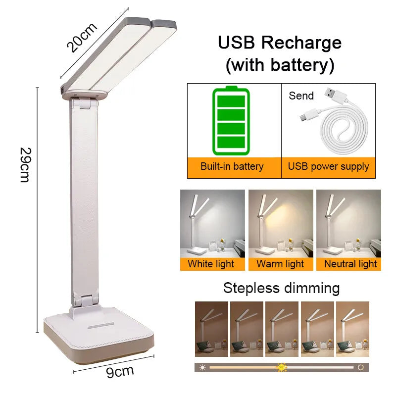 Lámpara de escritorio LED regulable plegable, doble cara, USB/batería