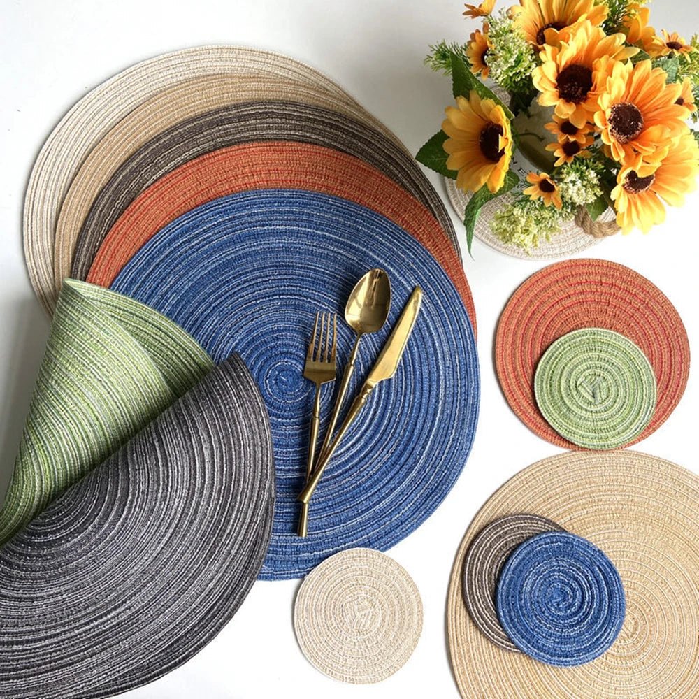 DINEROUND – Set de 4 posavasos y manteles de ramio para cuencos y tazas