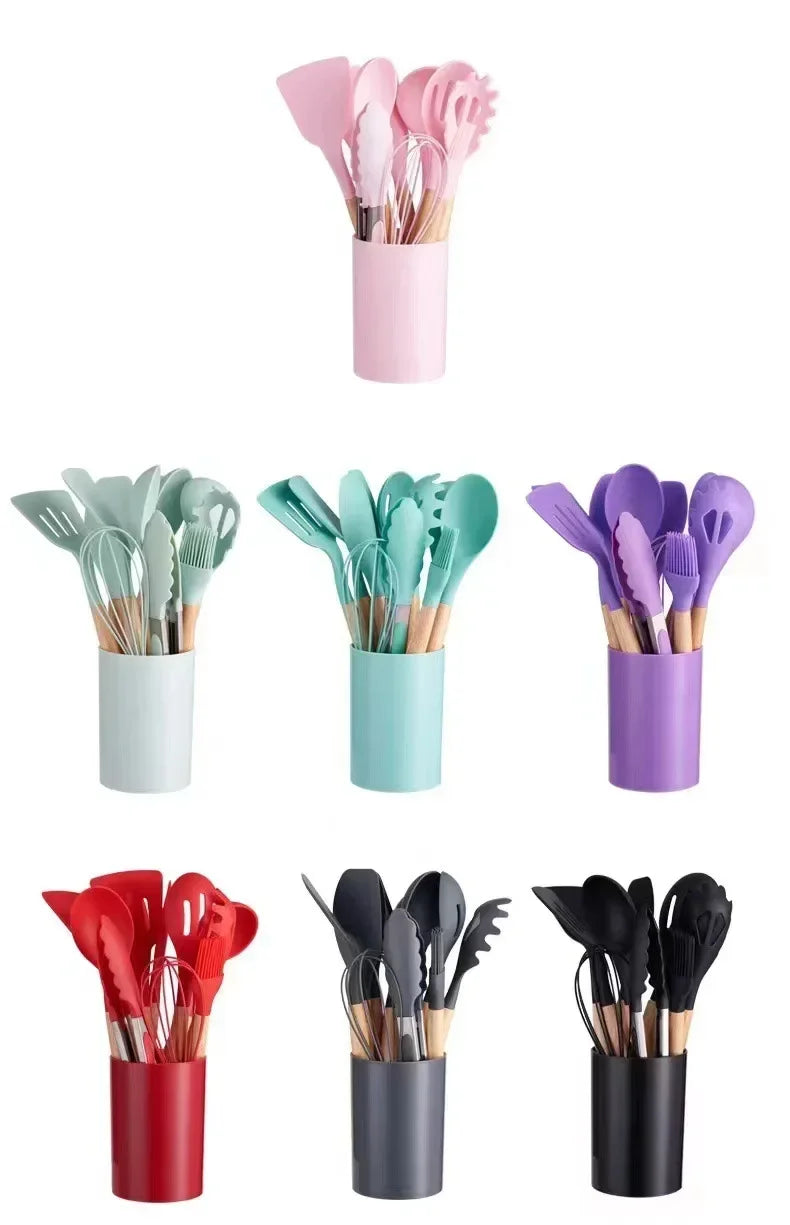 ChefEase – Set de utensilios de cocina de silicona de 12 piezas con mangos de madera