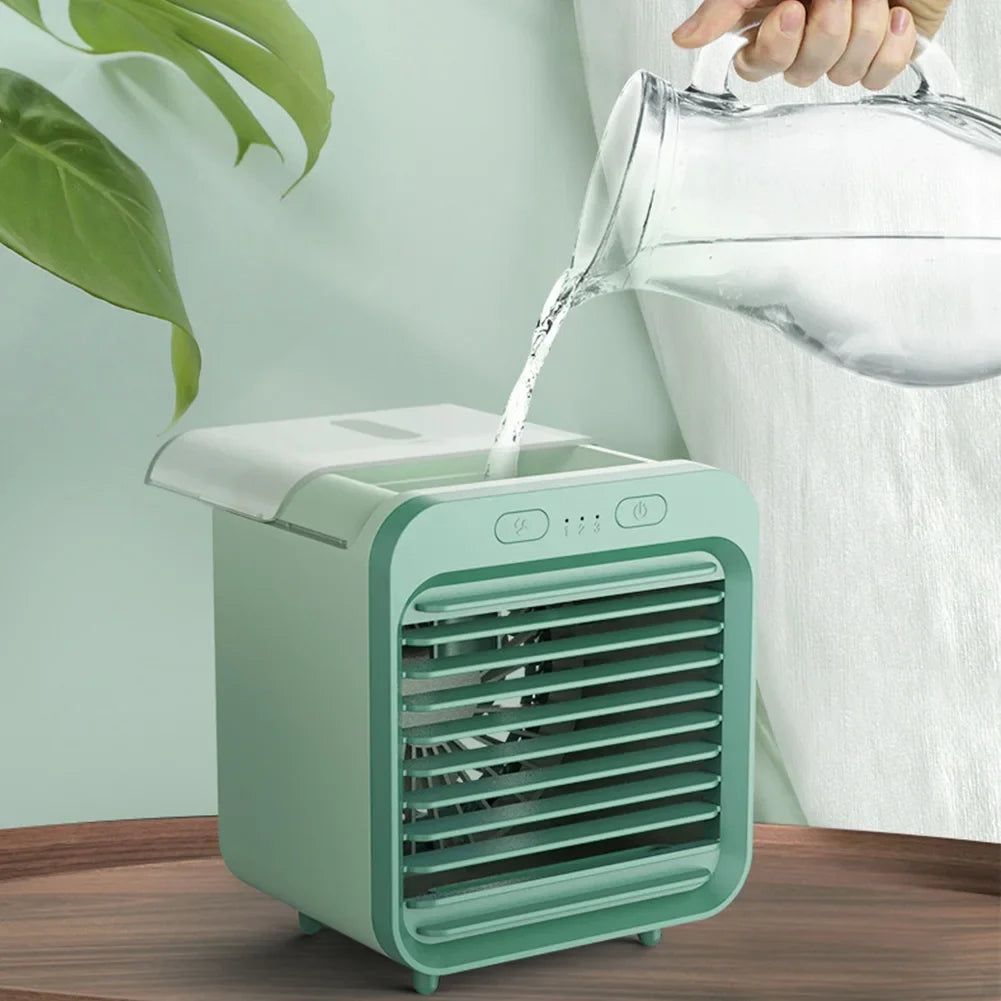 Coolivio Mini AirCooler | Ventilador portátil 3 en 1 con USB, humidificación y función de enfriamiento | 3 velocidades | Batería de 2500 mAh | Para oficina, viajes y hogar