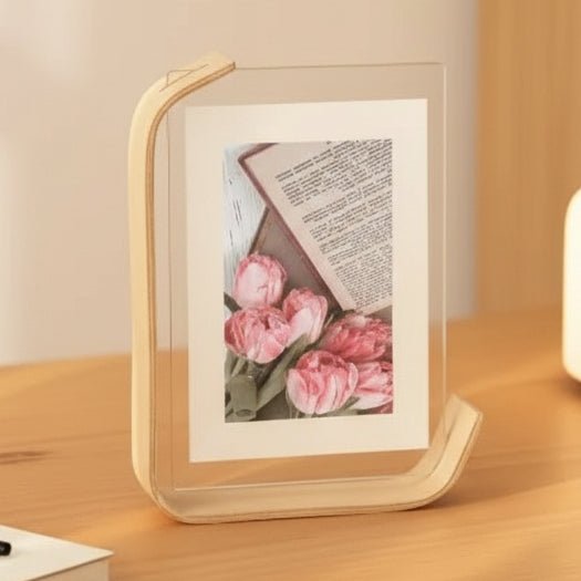 FOTODUO – Marco de fotos de acrílico y madera con vista doble para decoración moderna de mesa
