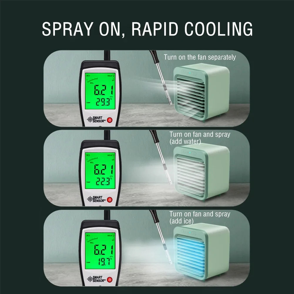 Coolivio Mini AirCooler | Ventilador portátil 3 en 1 con USB, humidificación y función de enfriamiento | 3 velocidades | Batería de 2500 mAh | Para oficina, viajes y hogar