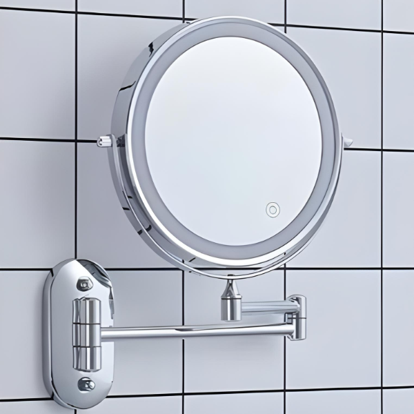 Espejo de Maquillaje LED con Aumento y Soporte de Pared – Recargable en Cromo Plata