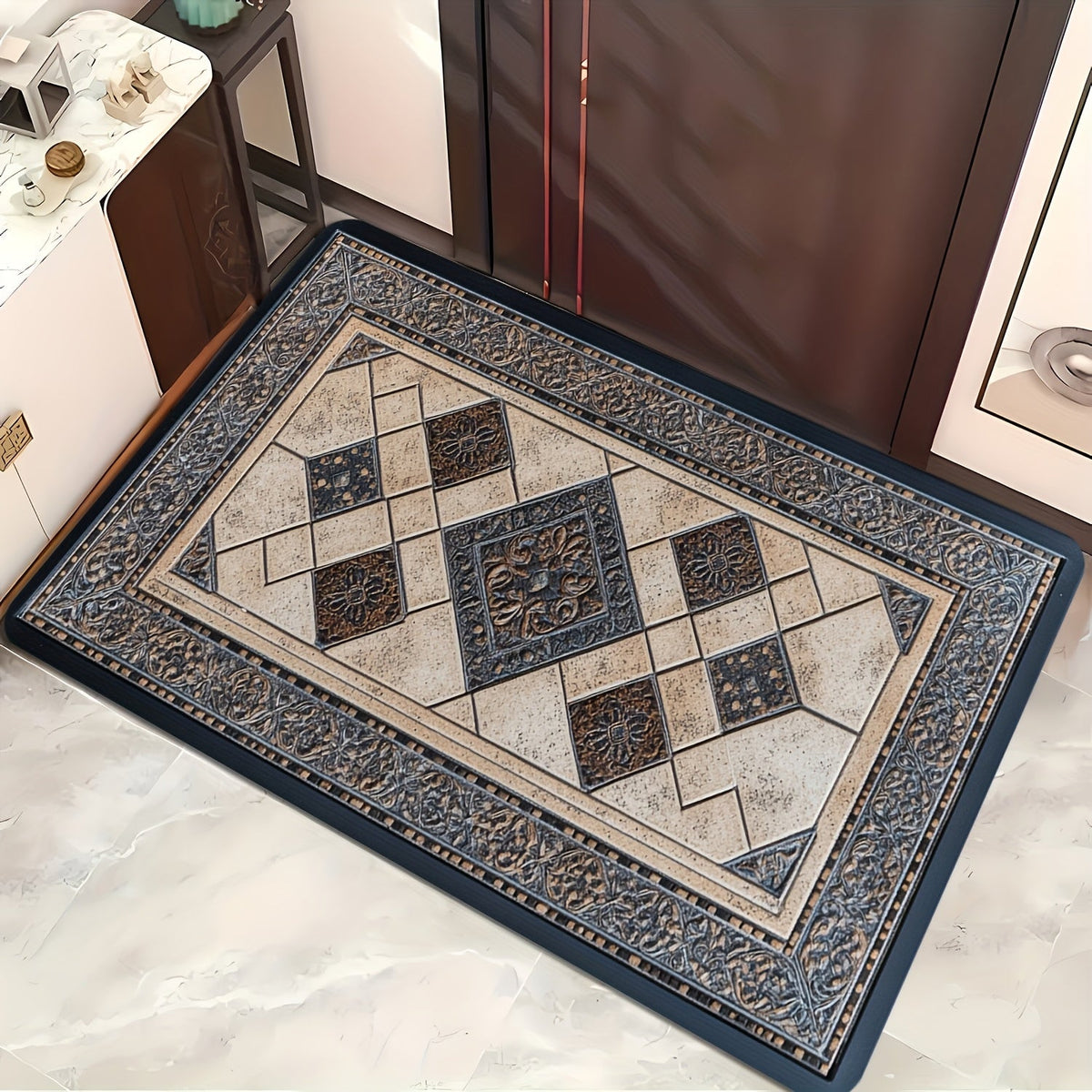 STYLEHAVEN - Alfombrilla de Entrada Lavable a Máquina con Borde Geométrico