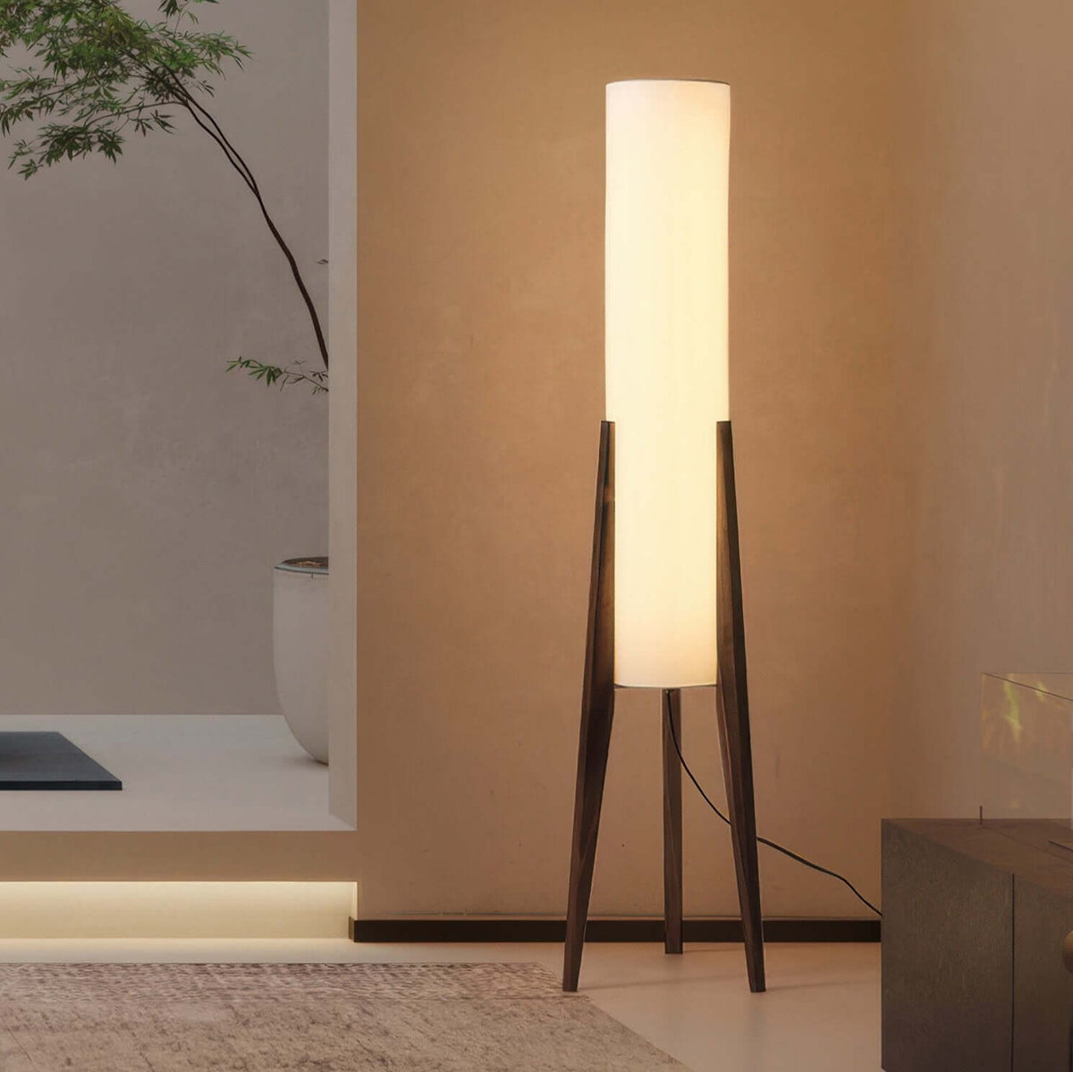 Lámpara de Pie de Madera Sólida con Pantalla de Tela