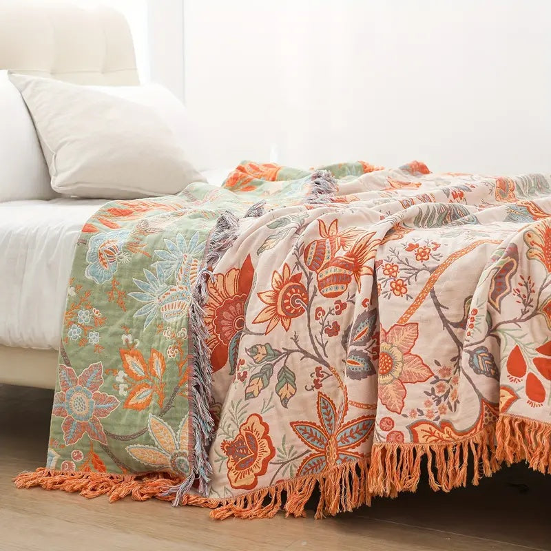Manta Boho Floral Rústica | Manta Floral 100% Algodón