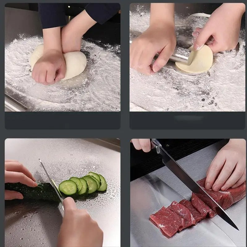 Tabla de cortar de acero inoxidable de alta calidad con borde – ¡ideal para pizza casera, pasteles y más!