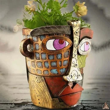 Maceta de Flor Abstracta de Cara de Picasso Hecha a Mano
