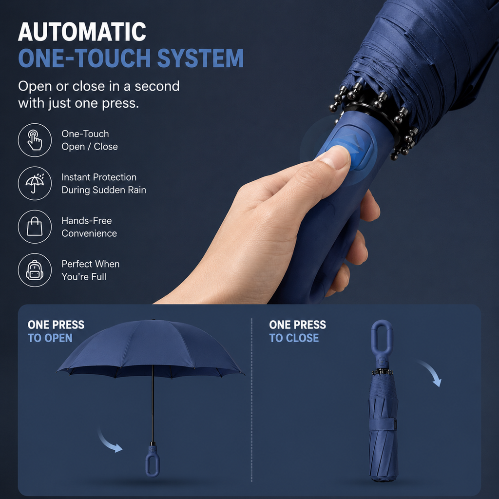 STORMLOCK - Paraguas automático a prueba de viento con estructura de 8 varillas y protección UV diseñado para una fuerte resistencia a las inclemencias del tiempo y la conveniencia en viajes diarios